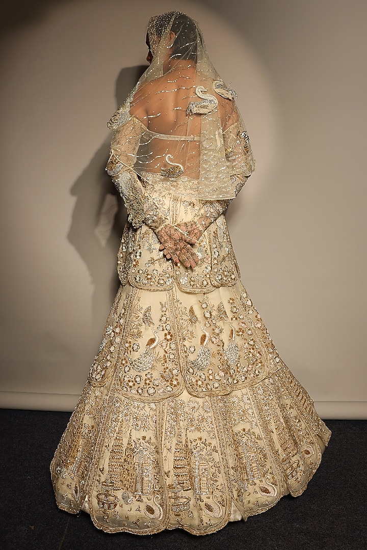 Ecru Golden Silk Organza Embroidered Bridal Lehenga Set by Megha Bansal at Pernia's Pop Up Shop