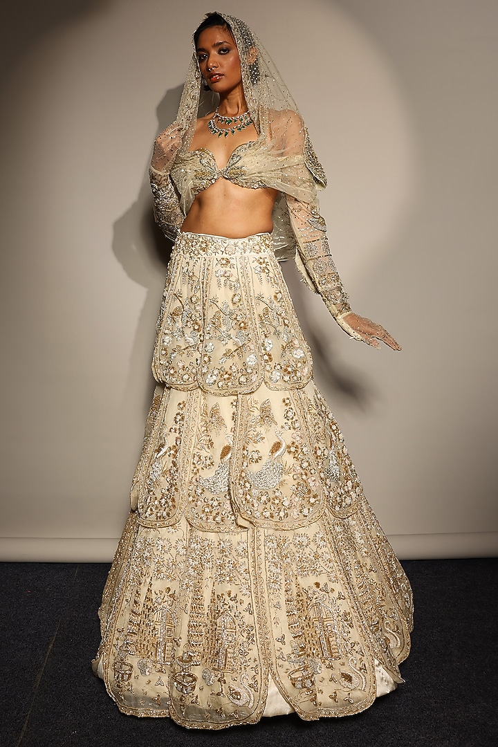 Ecru Golden Silk Organza Embroidered Bridal Lehenga Set by Megha Bansal at Pernia's Pop Up Shop
