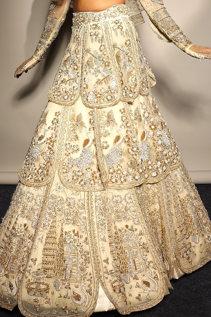 Ecru Golden Silk Organza Embroidered Bridal Lehenga Set by Megha Bansal at Pernia's Pop Up Shop