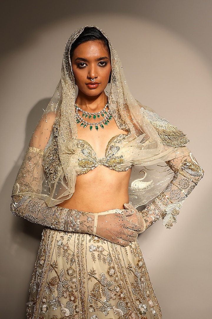 Ecru Golden Silk Organza Embroidered Bridal Lehenga Set by Megha Bansal at Pernia's Pop Up Shop