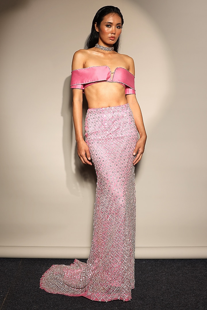 Candy Pink Silk Chanderi & Tulle Embroidered Skirt Set by Megha Bansal at Pernia's Pop Up Shop