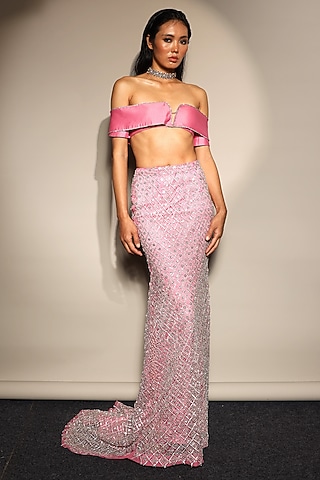 Candy Pink Silk Chanderi & Tulle Embroidered Skirt Set by Megha Bansal
