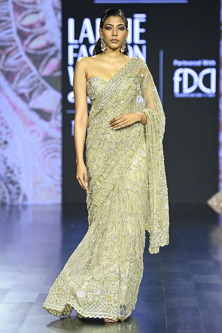 Golden Biscotti Tulle Embroidered Bridal Saree Set by Megha Bansal at Pernia's Pop Up Shop