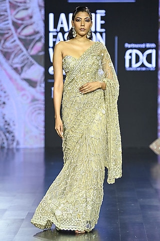 Golden Biscotti Tulle Embroidered Saree Set by Megha Bansal
