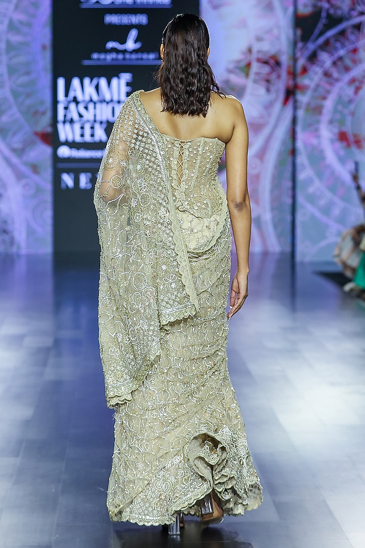 Golden Biscotti Tulle Embroidered Bridal Saree Set by Megha Bansal at Pernia's Pop Up Shop