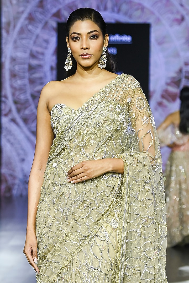 Golden Biscotti Tulle Embroidered Bridal Saree Set by Megha Bansal at Pernia's Pop Up Shop