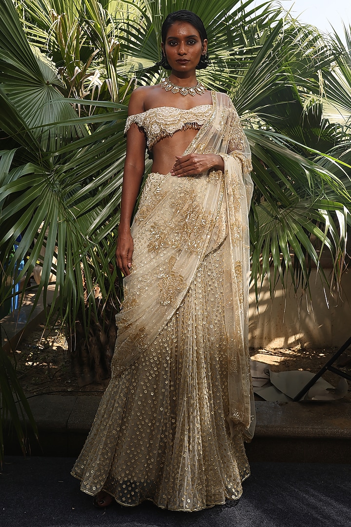 Ecru Golden Tulle Embroidered Reception Saree Set by Megha Bansal at Pernia's Pop Up Shop
