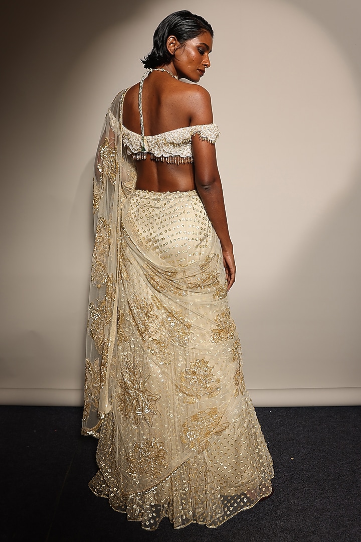 Ecru Golden Tulle Embroidered Reception Saree Set by Megha Bansal at Pernia's Pop Up Shop