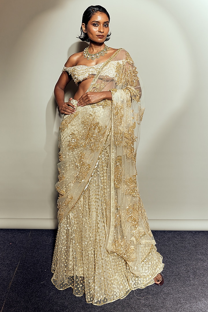 Ecru Golden Tulle Embroidered Reception Saree Set by Megha Bansal at Pernia's Pop Up Shop