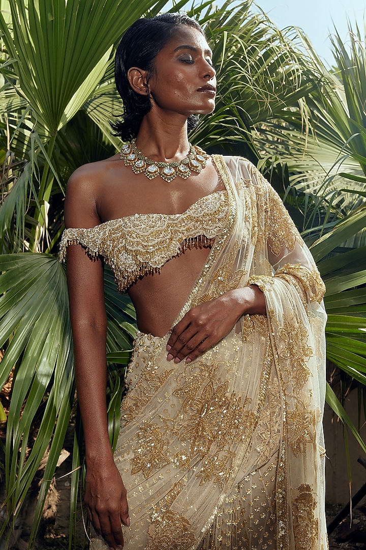 Ecru Golden Tulle Embroidered Reception Saree Set by Megha Bansal at Pernia's Pop Up Shop
