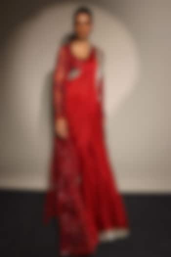 Red Chiffon & Tulle Embroidered Jacket Reception Saree Set by Megha Bansal at Pernia's Pop Up Shop