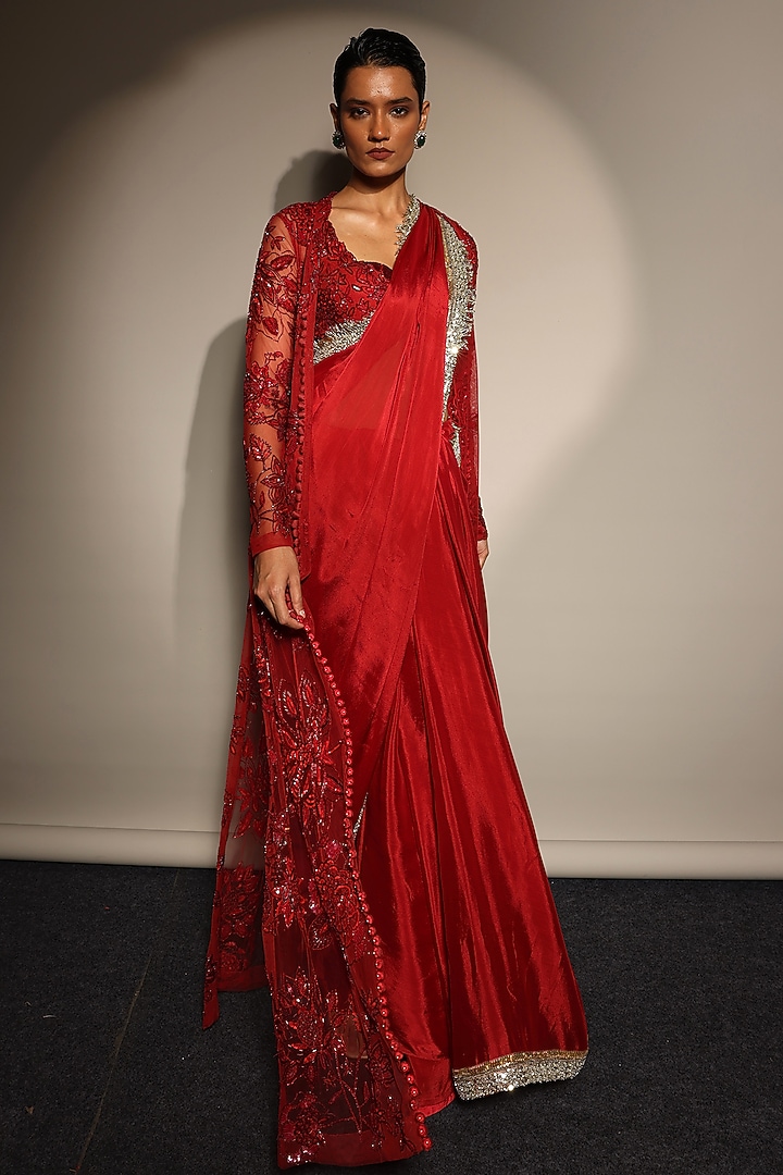 Red Chiffon & Tulle Embroidered Jacket Reception Saree Set by Megha Bansal at Pernia's Pop Up Shop
