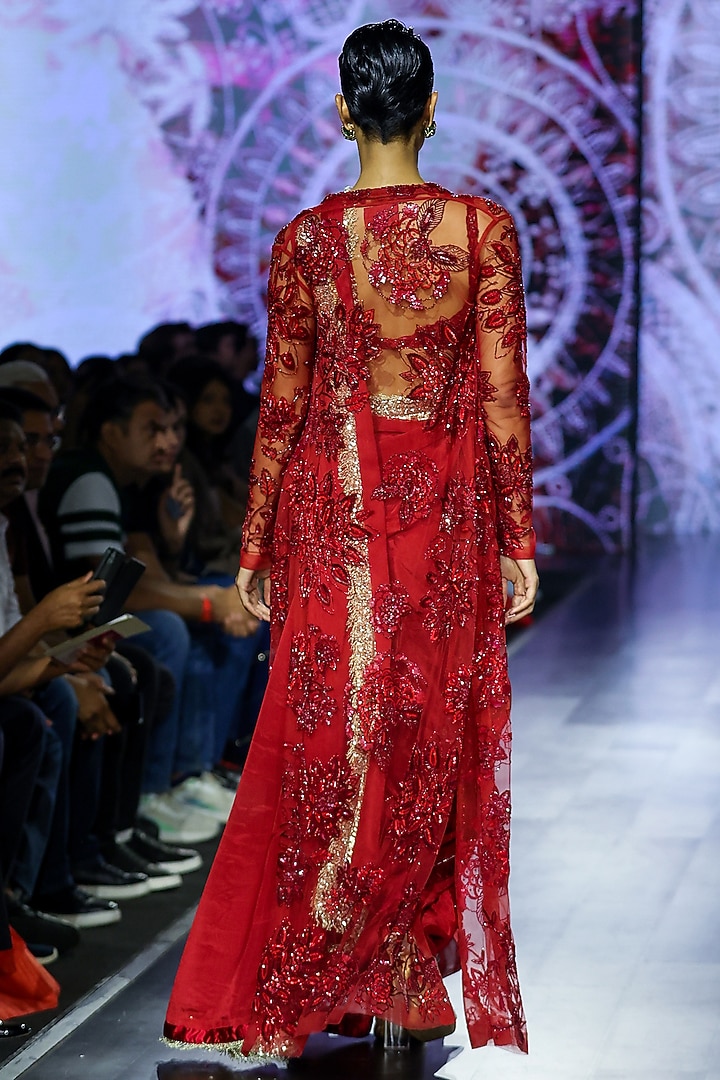 Red Chiffon & Tulle Embroidered Jacket Reception Saree Set by Megha Bansal at Pernia's Pop Up Shop