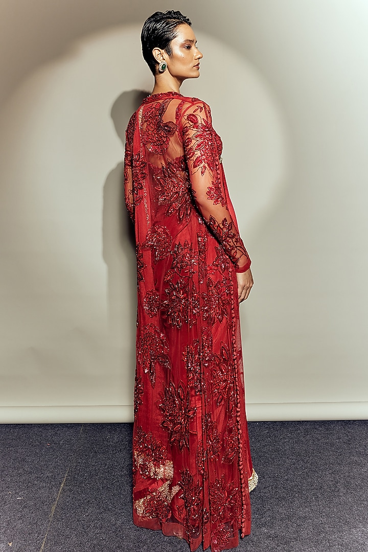 Red Chiffon & Tulle Embroidered Jacket Reception Saree Set by Megha Bansal at Pernia's Pop Up Shop