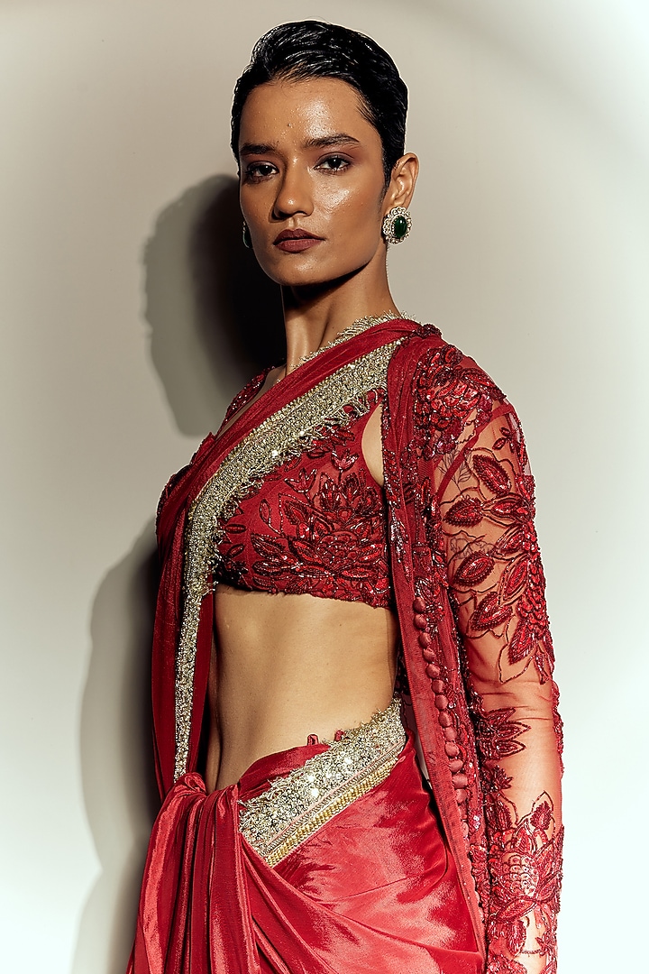 Red Chiffon & Tulle Embroidered Jacket Reception Saree Set by Megha Bansal at Pernia's Pop Up Shop