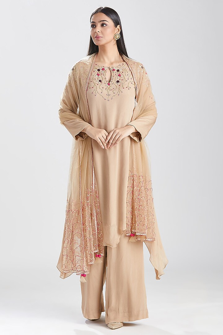 Beige Hand Embroidered Kurta Set by Megha Bansal at Pernia's Pop Up Shop