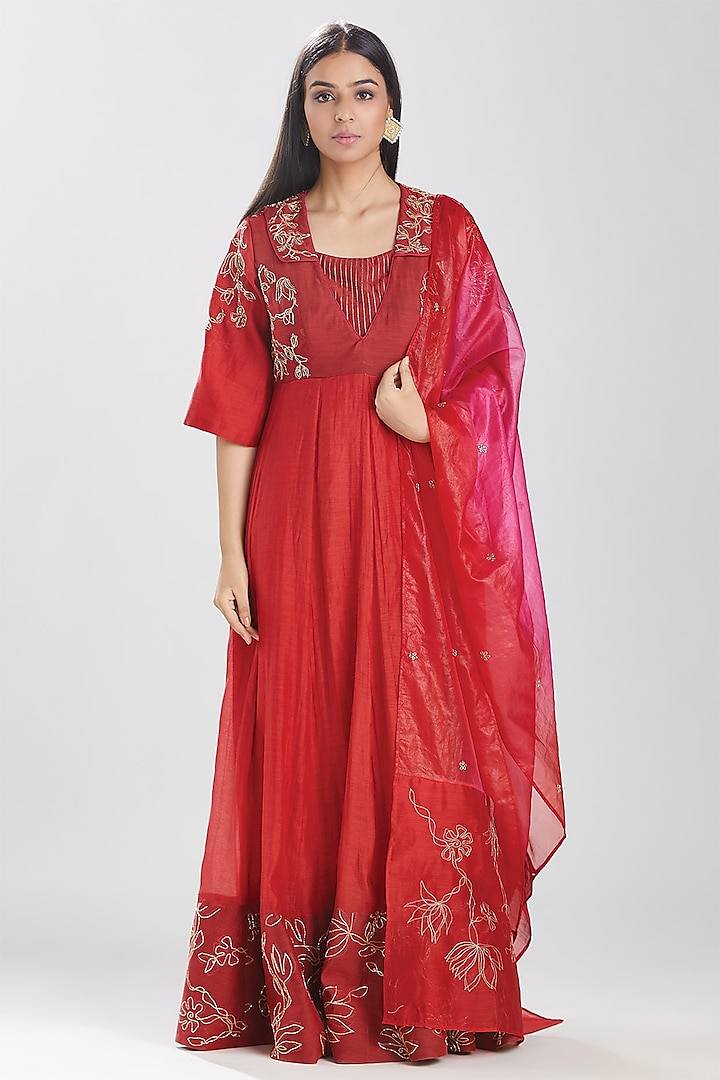 Red Embroidered Anarkali Set by Megha Bansal