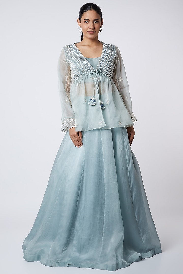 Powder Blue Floral Embroidered Skirt Set by Megha Bansal