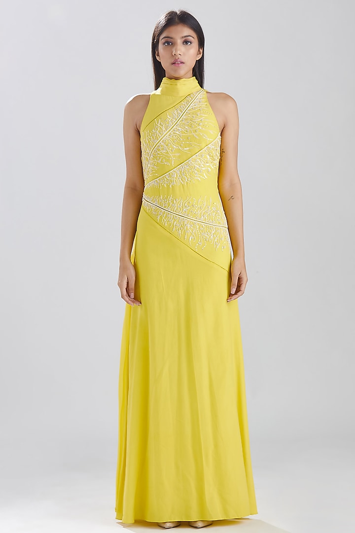 Lime Yellow Hand Embroidered Gown by Megha Bansal