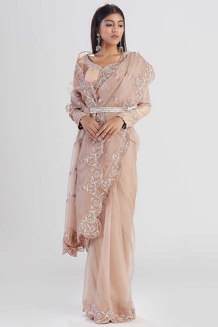 Nude Pink Embroidered Saree Set by Megha Bansal