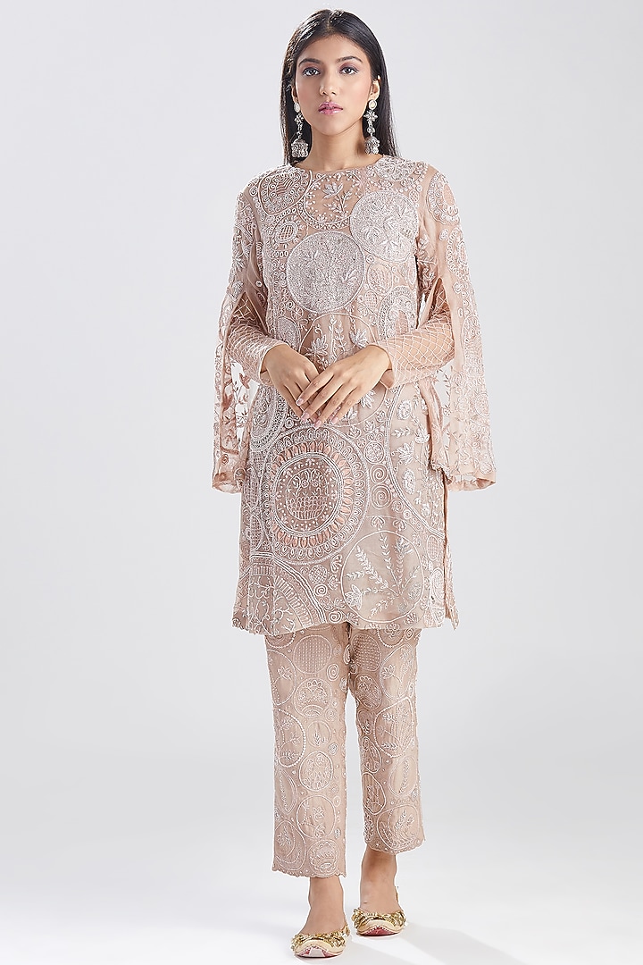 Nude Pink Embroidered Kurta & Pants by Megha Bansal at Pernia's Pop Up Shop