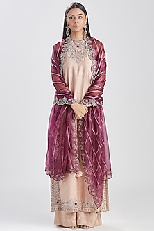 Nude & Wine Embroidered Kurta Set by Megha Bansal