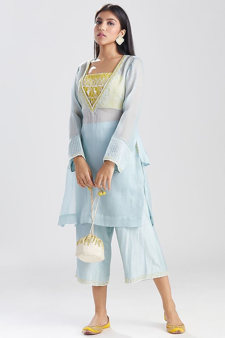 Powder Blue & Yellow Kurta Set by Megha Bansal