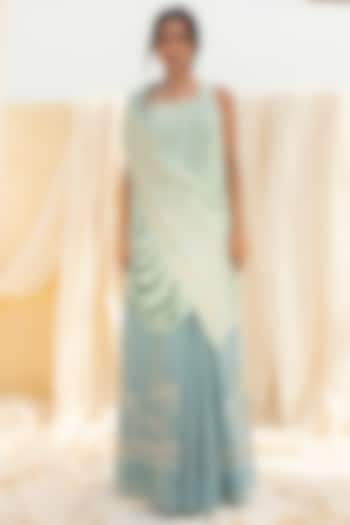 Aqua Blue Embroidered Draped Skirt Set by Megha Bansal at Pernia's Pop Up Shop