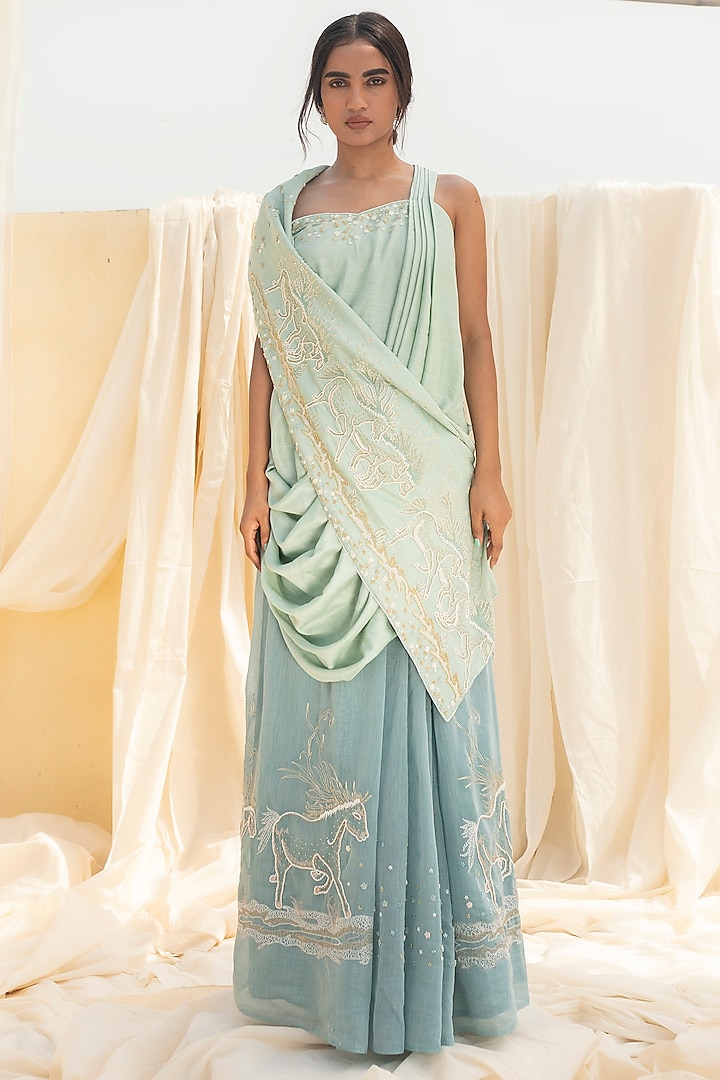 Aqua Blue Embroidered Draped Skirt Set by Megha Bansal at Pernia's Pop Up Shop