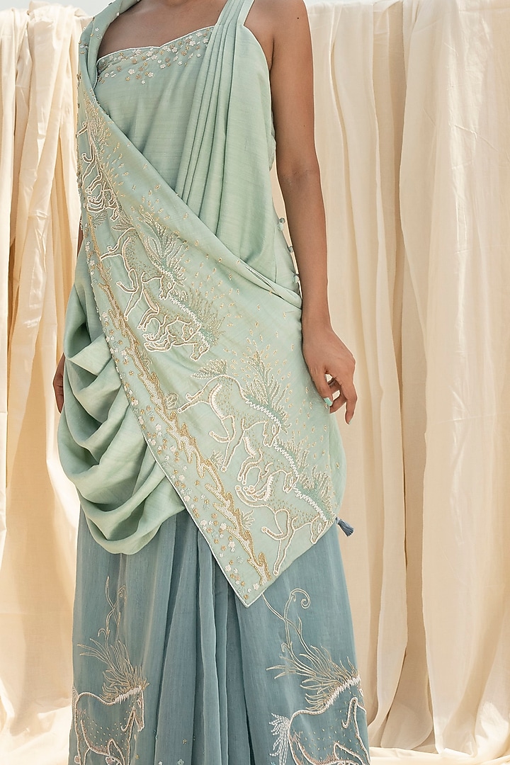 Aqua Blue Embroidered Draped Skirt Set by Megha Bansal at Pernia's Pop Up Shop