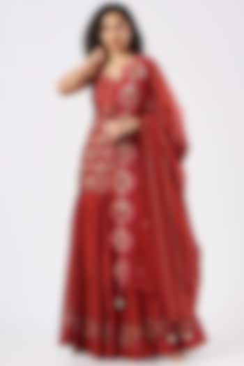 Red Chanderi Silk Hand Embellished Gharara Set by Megha Bansal