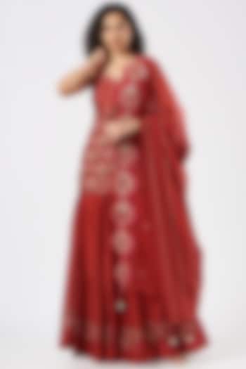 Red Chanderi Silk Hand Embellished Gharara Set by Megha Bansal at Pernia's Pop Up Shop