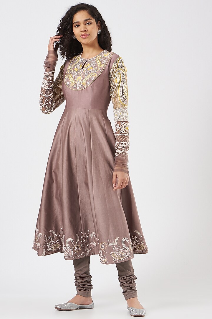 Dark Nude Embroidered Kurta Set by Megha Bansal at Pernia's Pop Up Shop