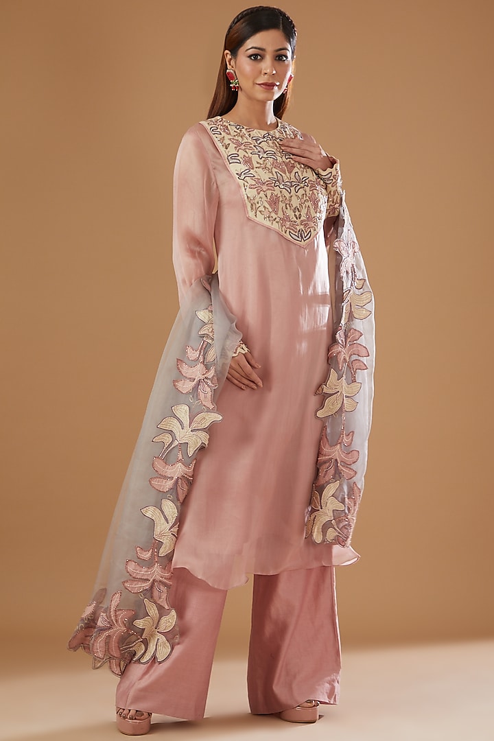 Blush Pink Silk Organza Embroidered Kurta Set by Megha Bansal
