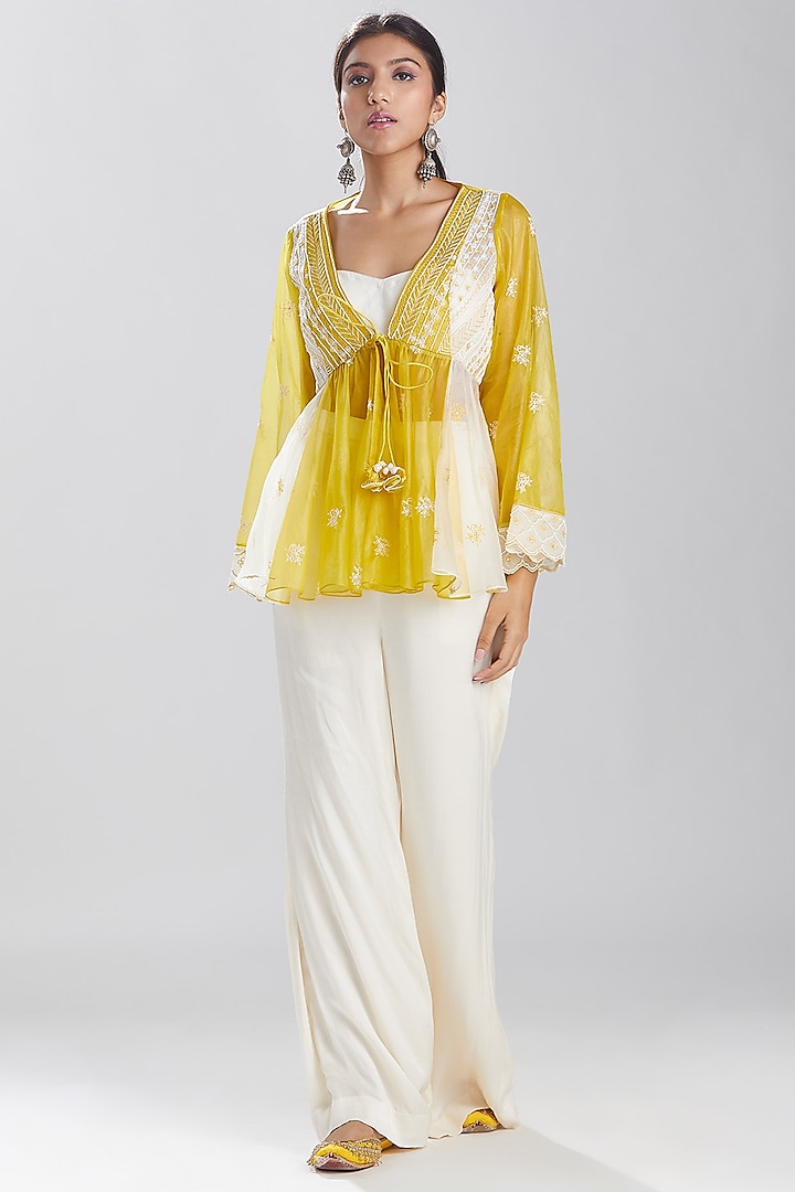 Lime & White Embroidered Pant Set by Megha Bansal