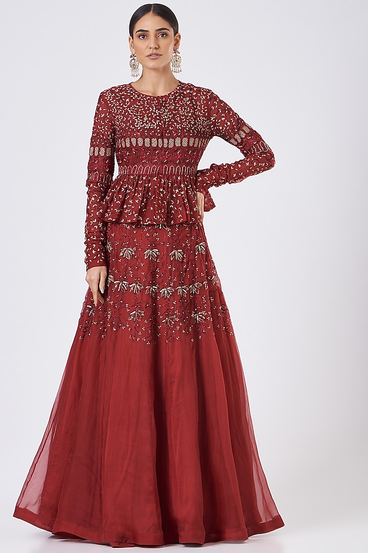 Red Chanderi Silk Embroidered Skirt Set by Megha Bansal