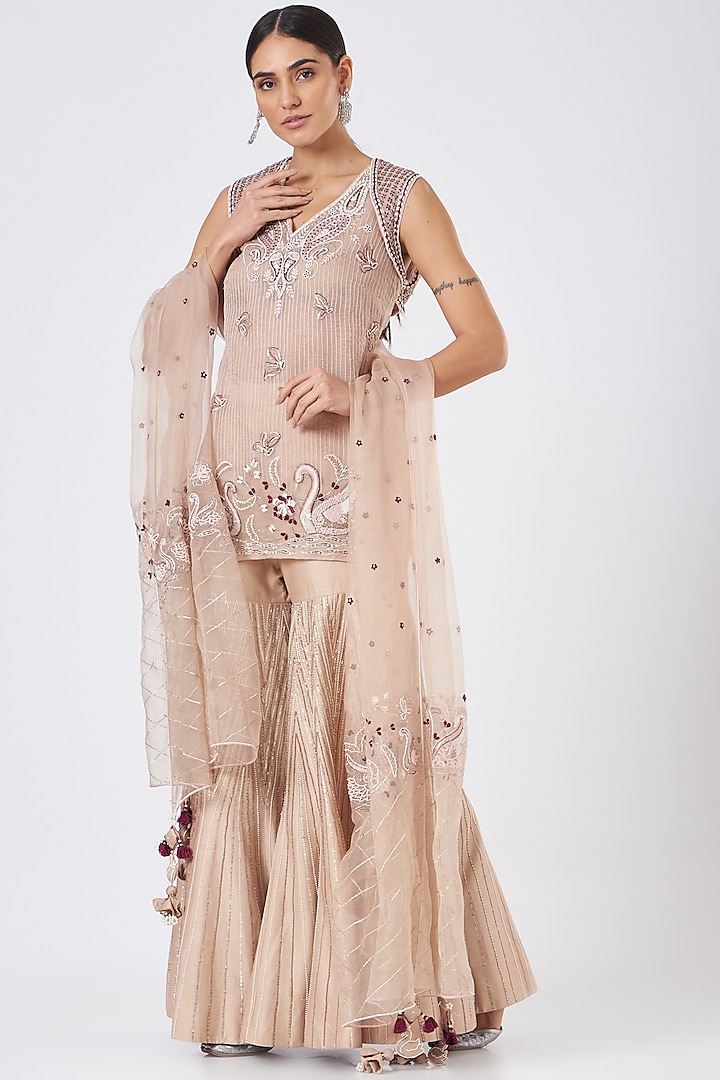 Nude Pink Chanderi Silk Embroidered Gharara Set by Megha Bansal