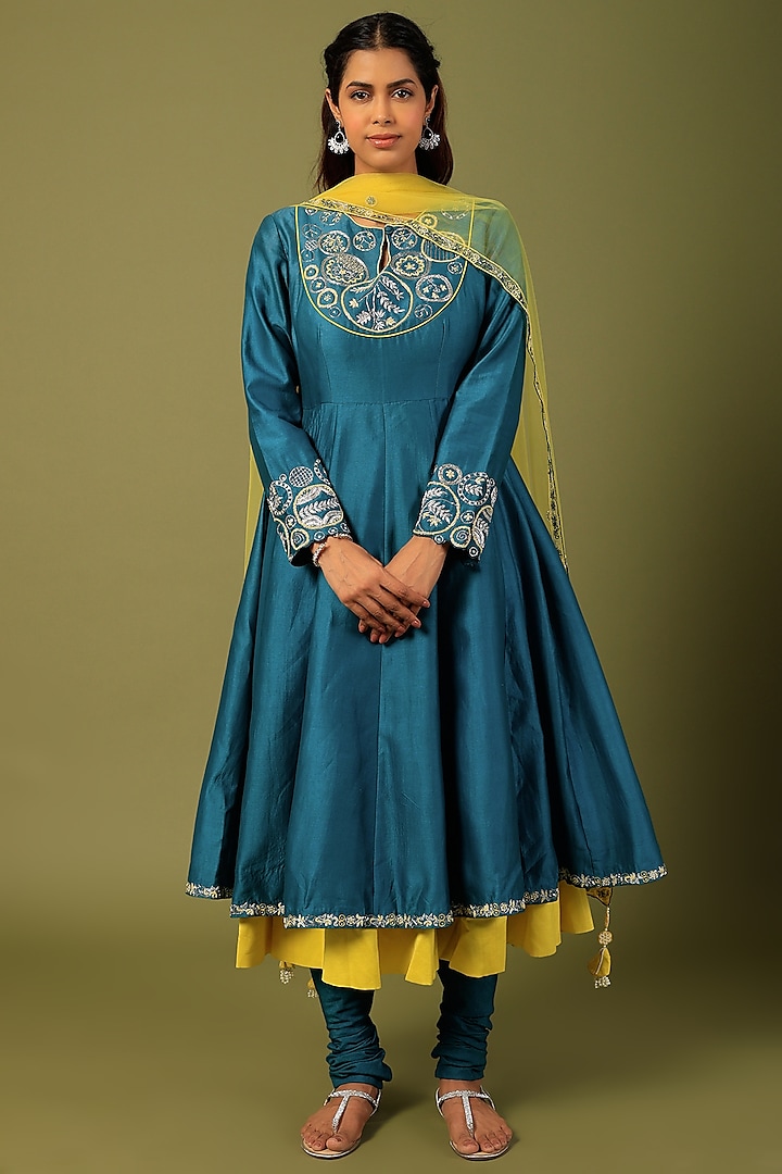 Blue Silk Chanderi Anarkali Set by Megha Bansal