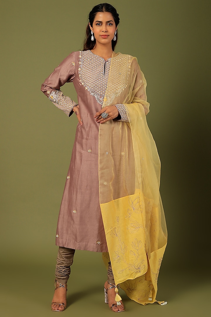 Mauve Silk Chanderi Kurta Set by Megha Bansal