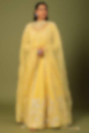 Yellow Silk Chanderi Anarkali Set by Megha Bansal