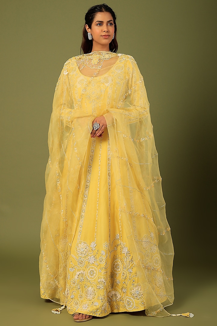 Yellow Silk Chanderi Anarkali Set by Megha Bansal