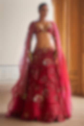 Carmine Red Silk Organza Floral Hand Embroidered Bridal lehenga for 22 Lehenga Set by Megha Bansal at Pernia's Pop Up Shop