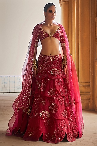 Carmine Red Silk Organza Floral Hand Embroidered Lehenga Set by Megha Bansal