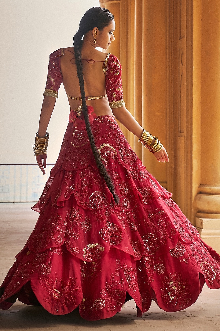 Carmine Red Silk Organza Floral Hand Embroidered Bridal Lehenga Set by Megha Bansal at Pernia's Pop Up Shop