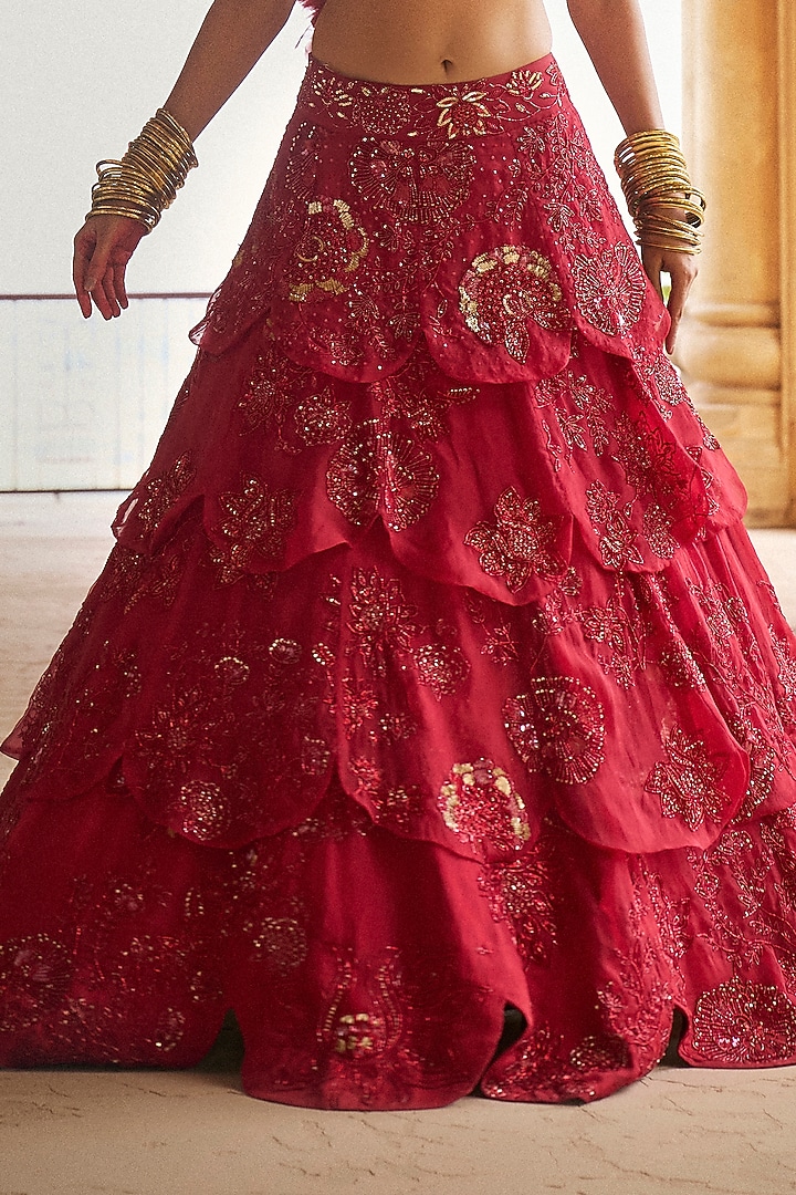 Carmine Red Silk Organza Floral Hand Embroidered Bridal Lehenga Set by Megha Bansal at Pernia's Pop Up Shop