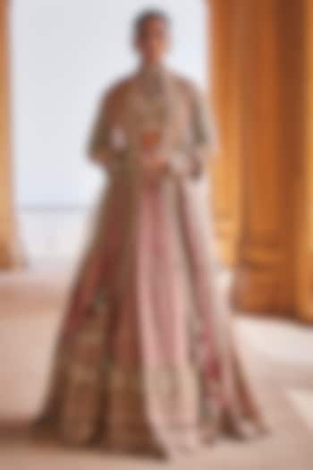 Blush Pink & Sky Blue Silk Chanderi Floral Hand Embroidered Bridal lehenga for 22 Lehenga Set by Megha Bansal at Pernia's Pop Up Shop