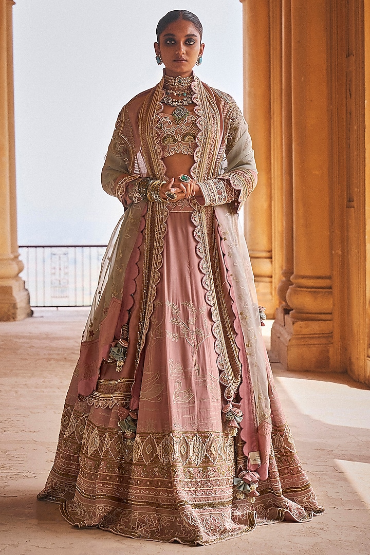 Blush Pink & Sky Blue Silk Chanderi Floral Hand Embroidered Bridal lehenga for 22 Lehenga Set by Megha Bansal at Pernia's Pop Up Shop