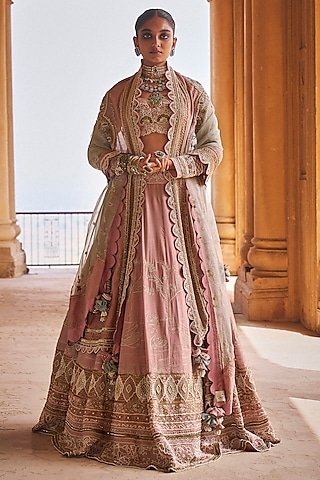 Blush Pink & Sky Blue Silk Chanderi Floral Hand Embroidered Lehenga Set by Megha Bansal