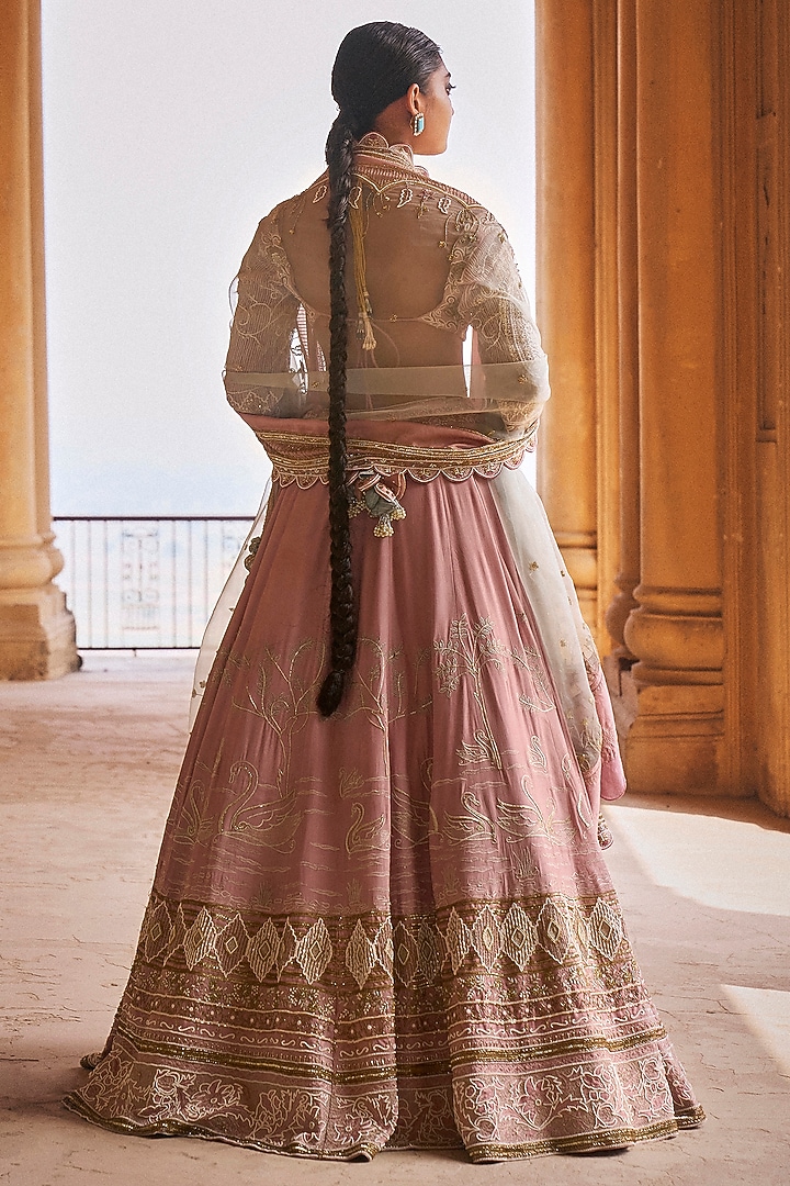 Blush Pink & Sky Blue Silk Chanderi Floral Hand Embroidered Bridal Lehenga Set by Megha Bansal at Pernia's Pop Up Shop