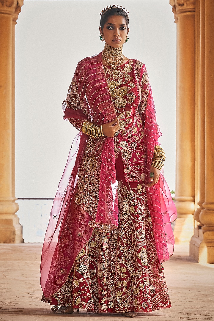 Red & Hot Pink Tulle Gota Work Gharara Set by Megha Bansal at Pernia's Pop Up Shop